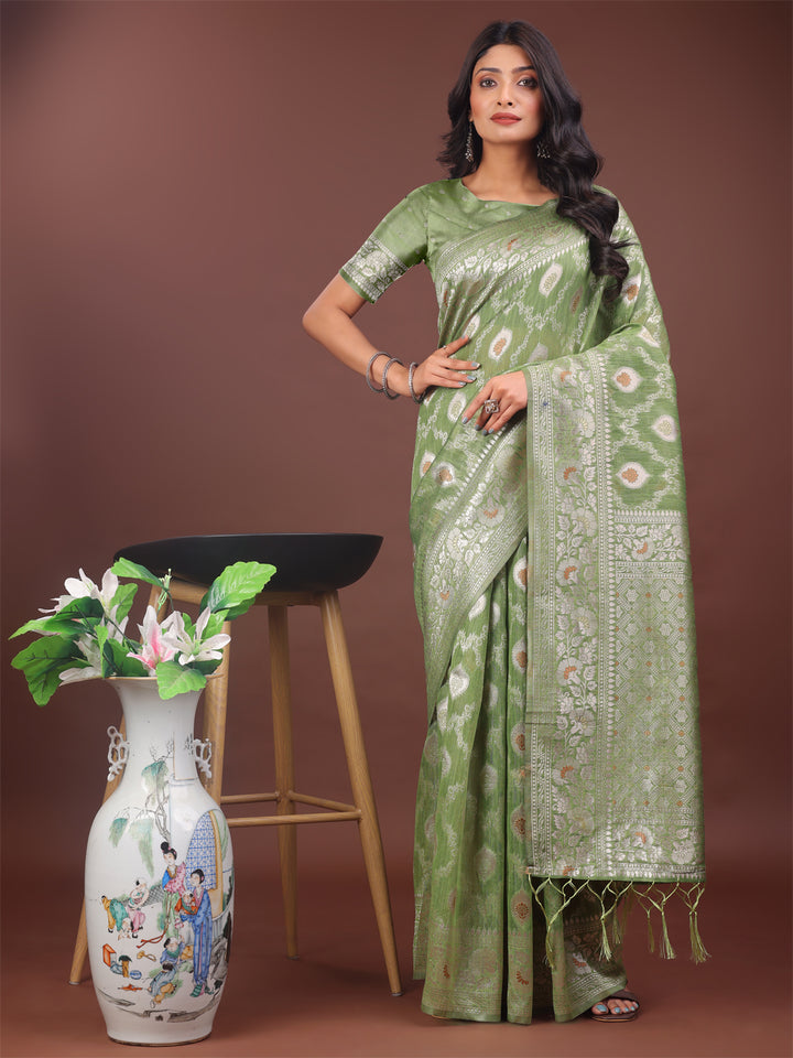 Light Green Colour Linen Cotton Saree Printed Work With Blouse Piece