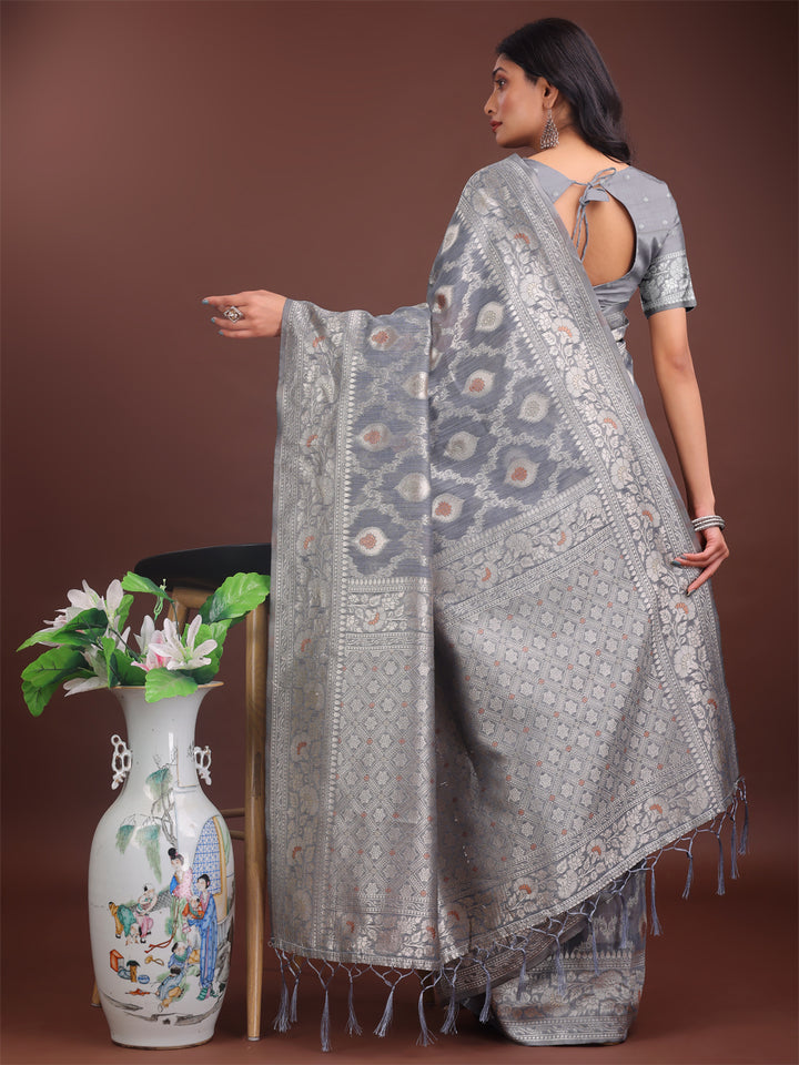 Gray Colour Linen Cotton Saree Printed Work With Blouse Piece