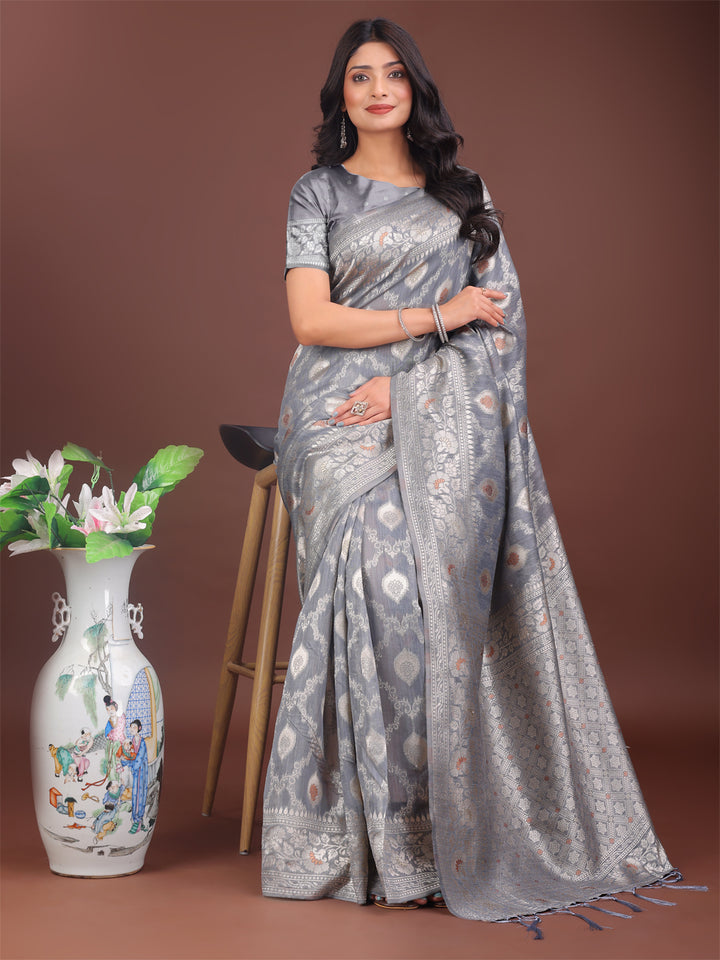 Gray Colour Linen Cotton Saree Printed Work With Blouse Piece