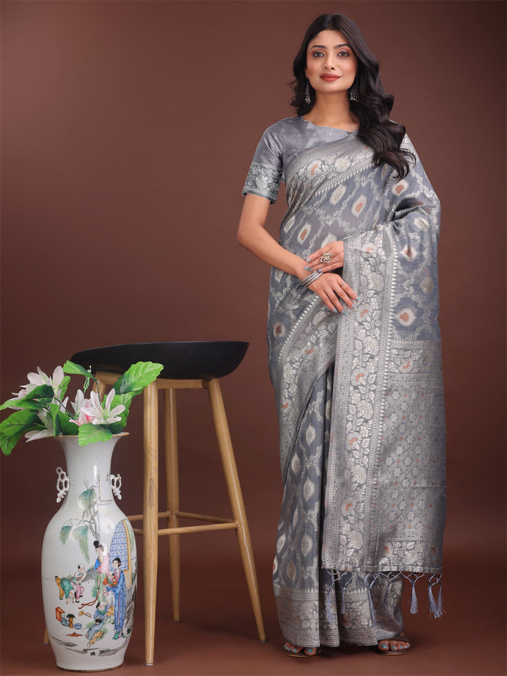 Gray Colour Linen Cotton Saree Printed Work With Blouse Piece
