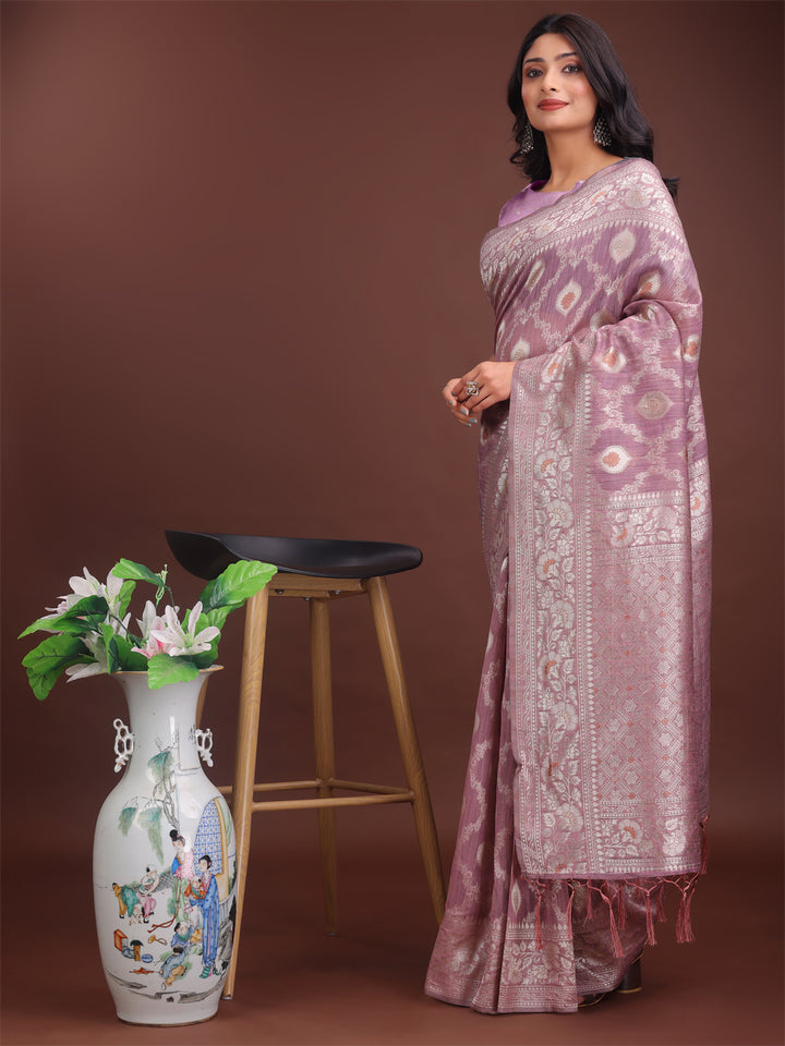 Purple Colour Linen Cotton Saree Printed Work With Blouse Piece