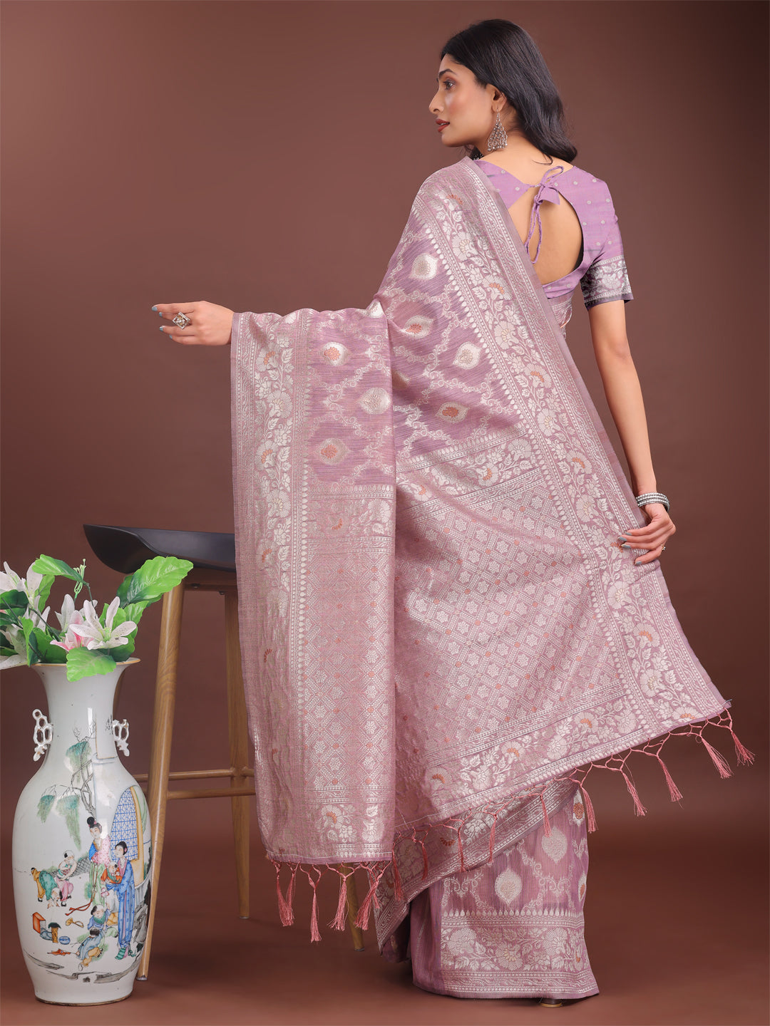 Purple Colour Linen Cotton Saree Printed Work With Blouse Piece