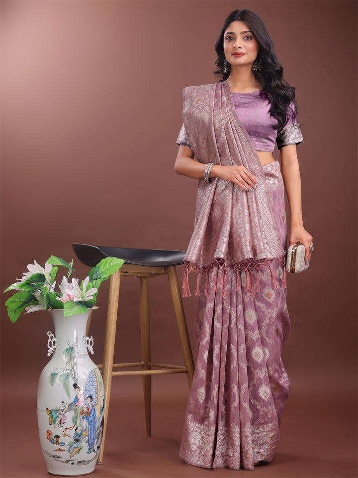 Purple Colour Linen Cotton Saree Printed Work With Blouse Piece