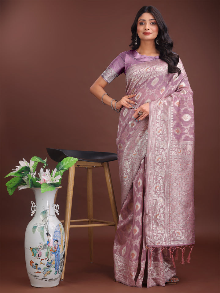 Purple Colour Linen Cotton Saree Printed Work With Blouse Piece