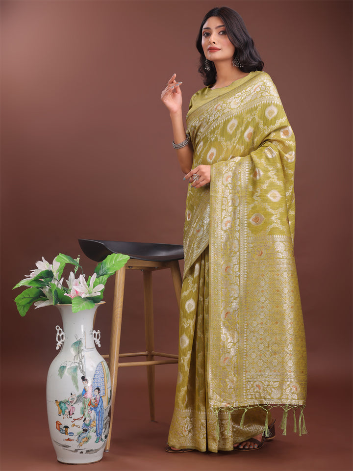 Mustard Colour Linen Cotton Saree Printed Work With Blouse Piece