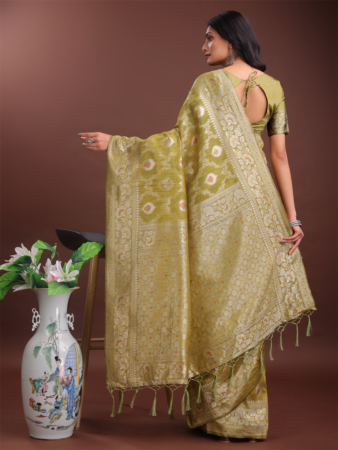 Mustard Colour Linen Cotton Saree Printed Work With Blouse Piece