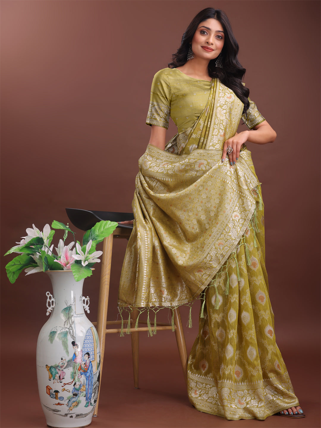 Mustard Colour Linen Cotton Saree Printed Work With Blouse Piece