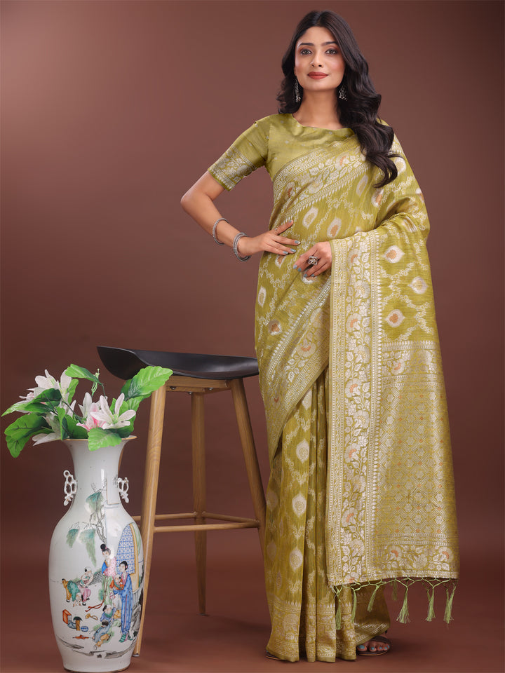 Mustard Colour Linen Cotton Saree Printed Work With Blouse Piece