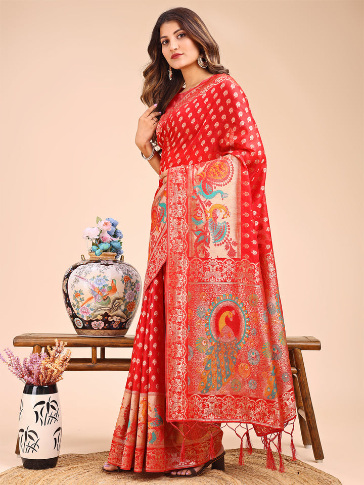 Red Colour Linen Cotton Printed Work Saree With Blouse Piece