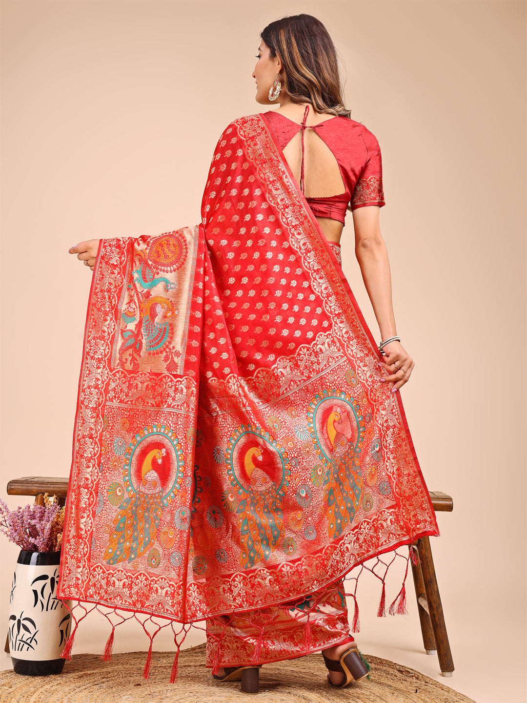 Red Colour Linen Cotton Printed Work Saree With Blouse Piece