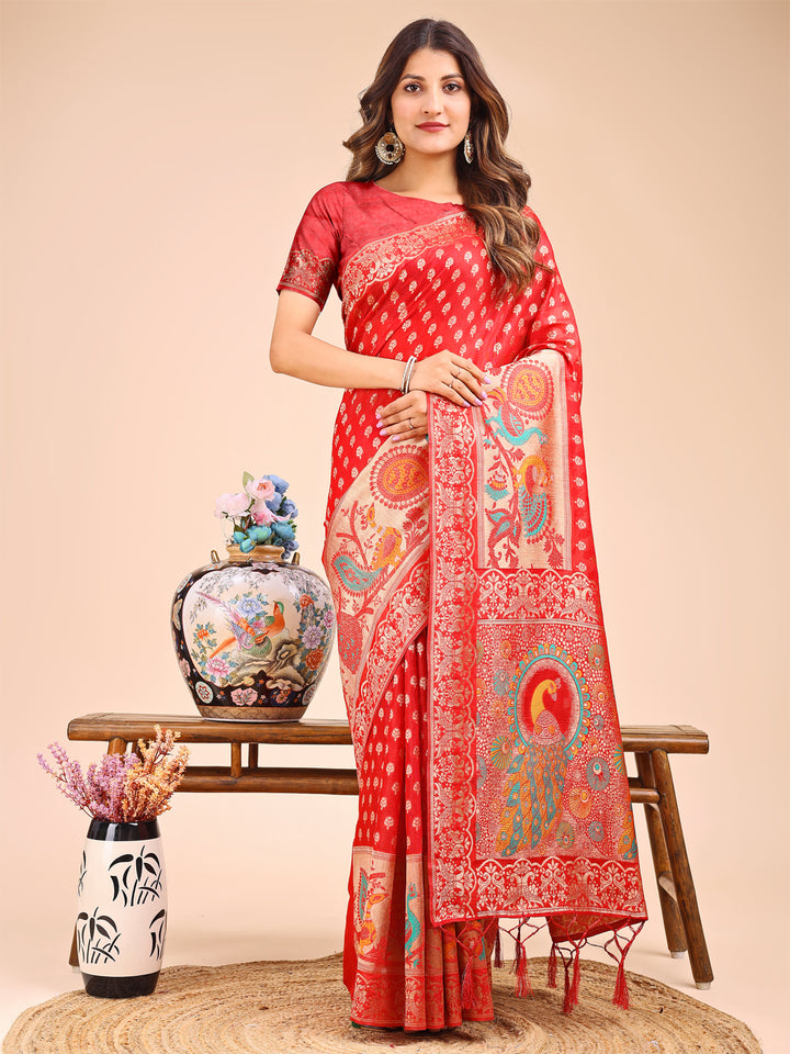 Red Colour Linen Cotton Printed Work Saree With Blouse Piece