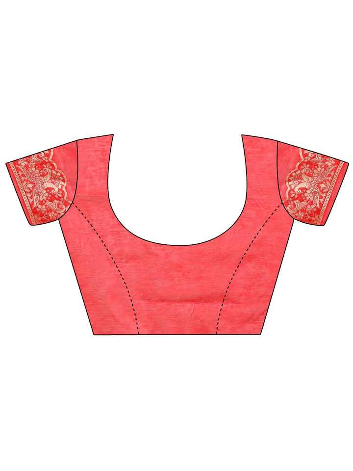 Red Colour Linen Cotton Printed Work Saree With Blouse Piece