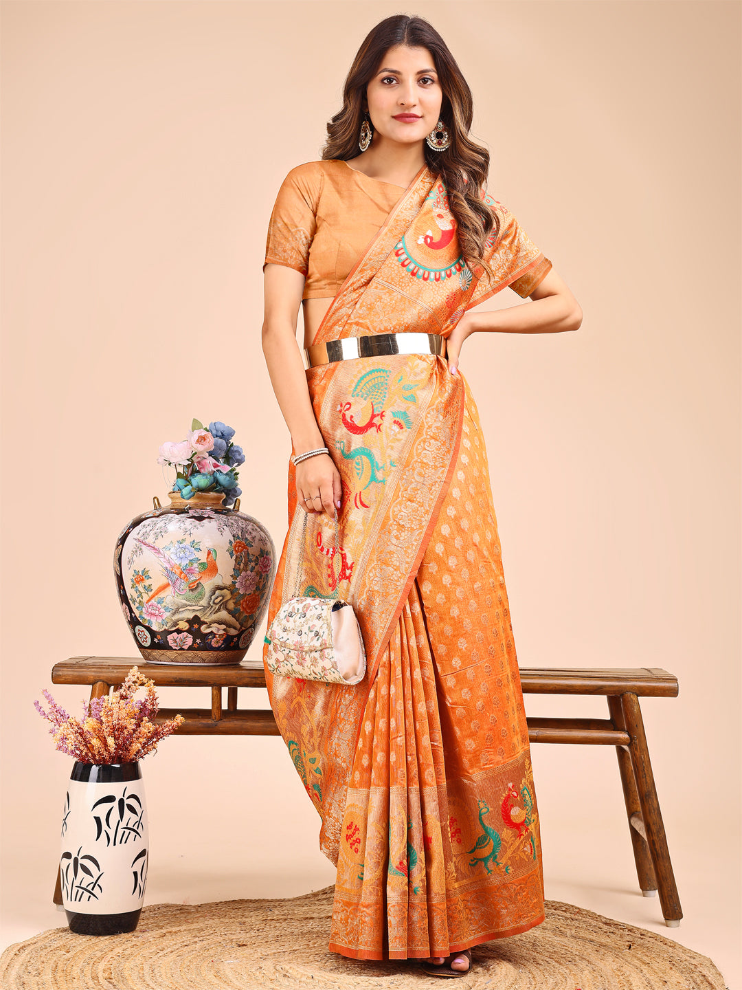 Mustrad Colour Linen Cotton Printed Work Saree With Blouse Piece