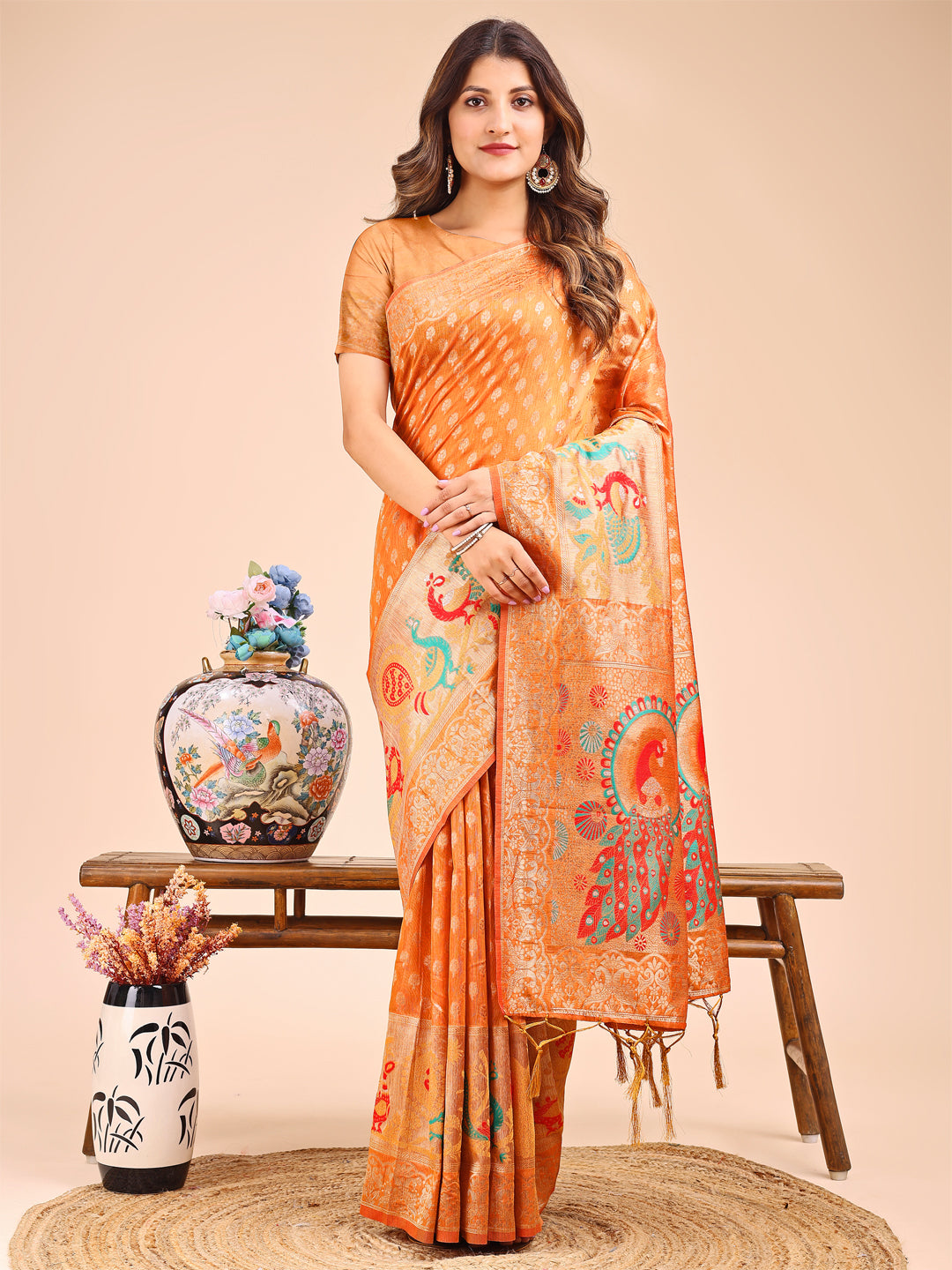 Mustrad Colour Linen Cotton Printed Work Saree With Blouse Piece