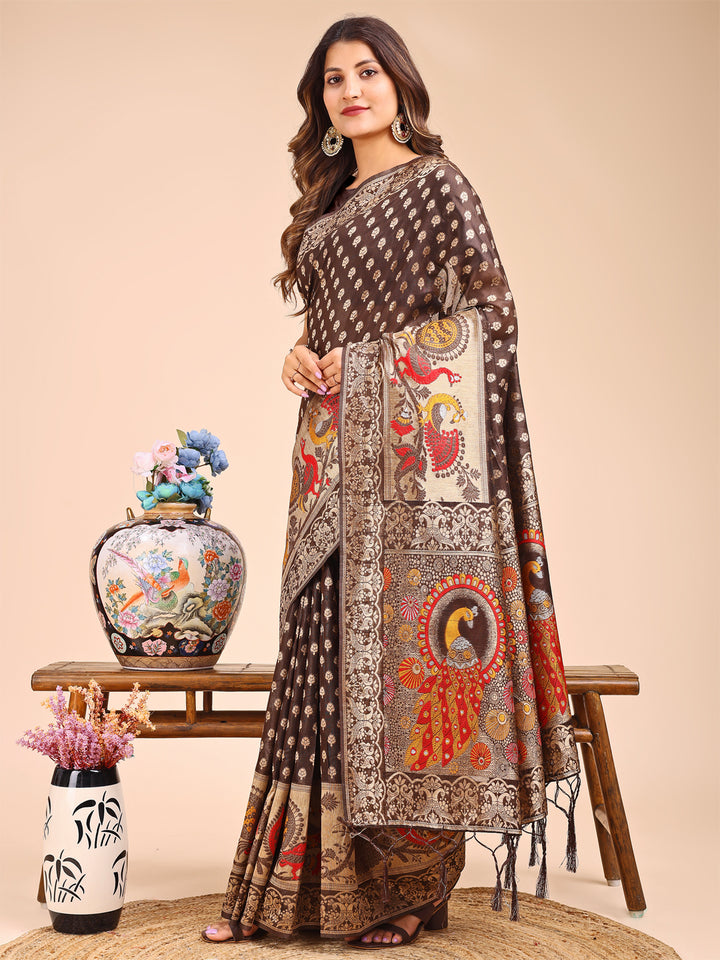 Brown Colour Linen Cotton Printed Work Saree With Blouse Piece