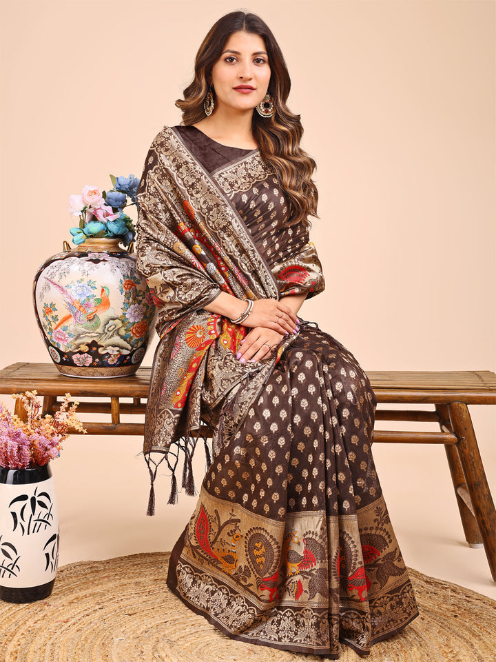 Brown Colour Linen Cotton Printed Work Saree With Blouse Piece
