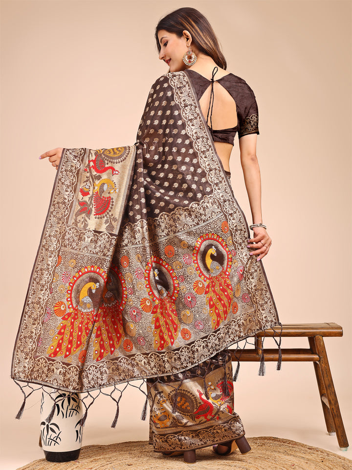 Brown Colour Linen Cotton Printed Work Saree With Blouse Piece