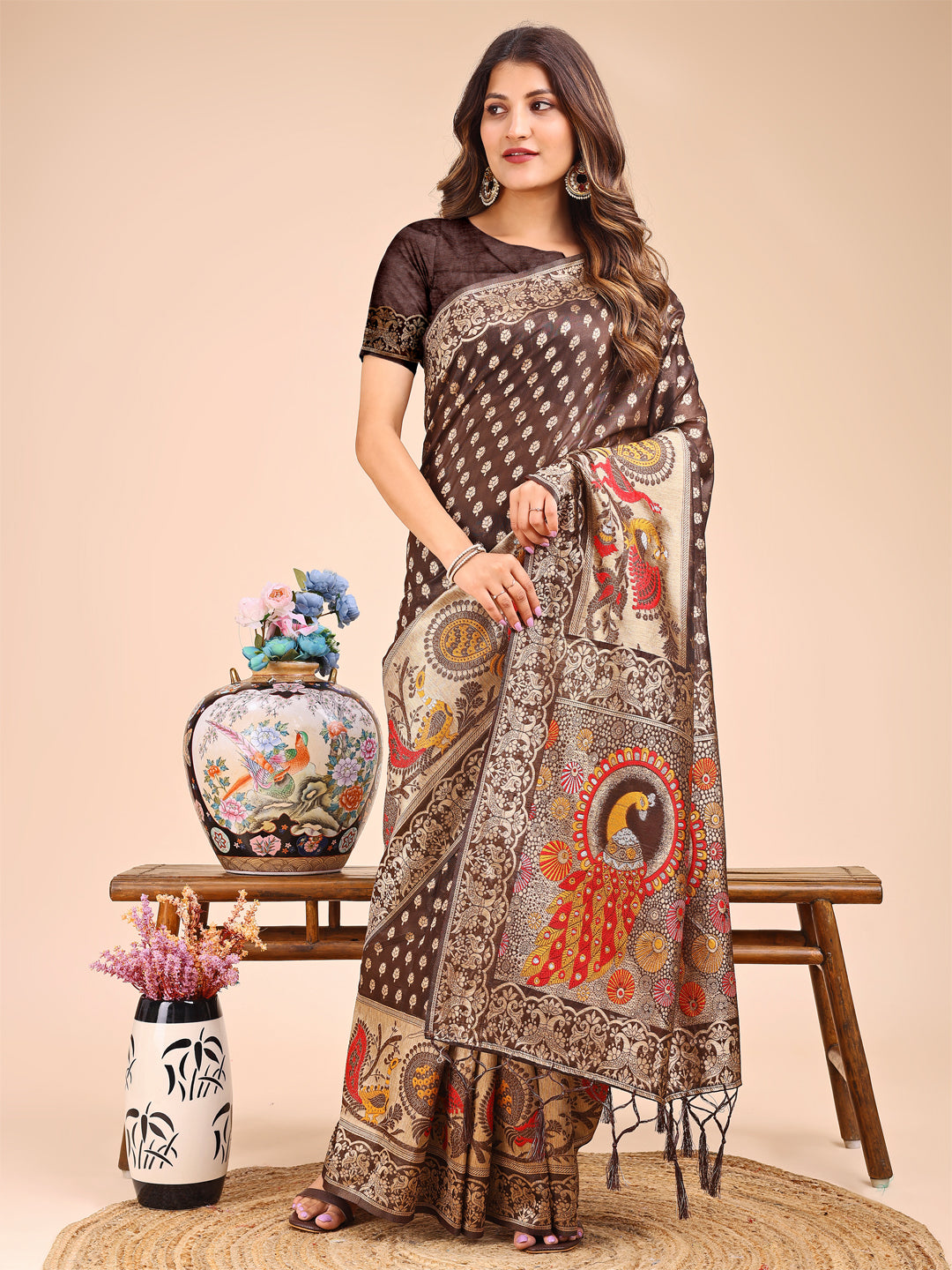 Brown Colour Linen Cotton Printed Work Saree With Blouse Piece