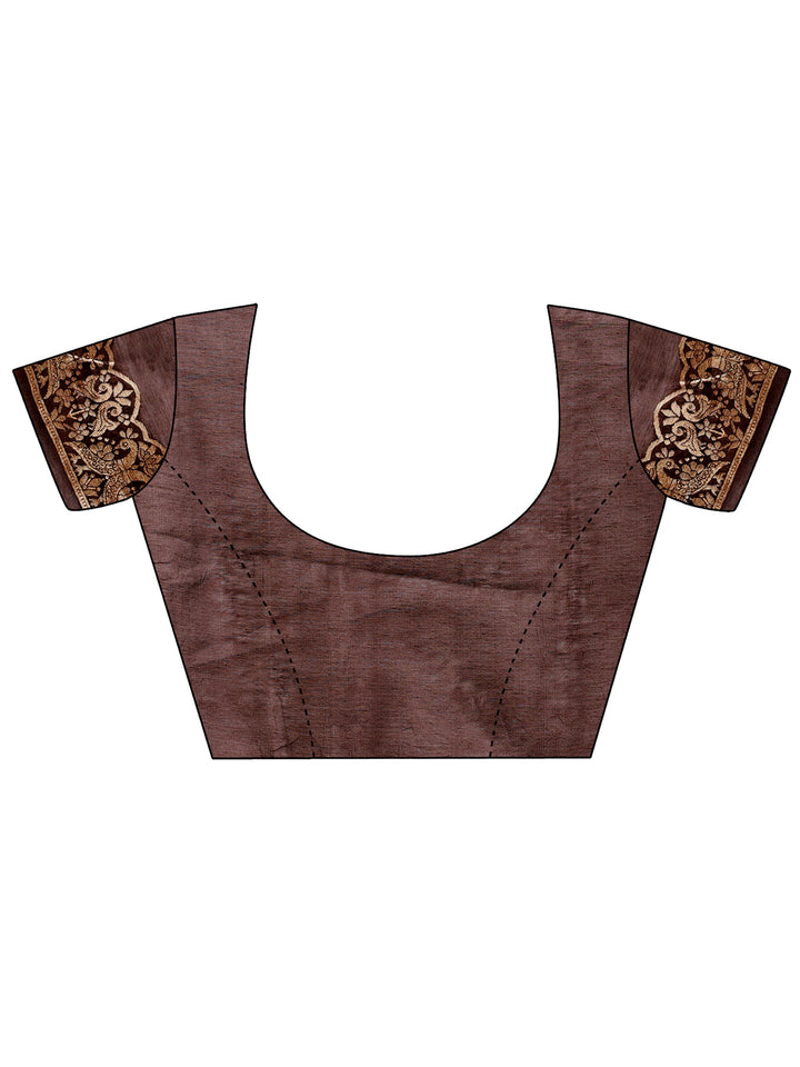 Brown Colour Linen Cotton Printed Work Saree With Blouse Piece