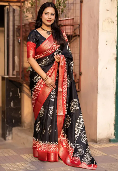 Black Colour soft Dola cotton Kalamkari print saree with jecard kanjivaram zari border