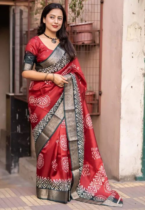 Red Colour soft Dola cotton Kalamkari print saree with jecard kanjivaram zari border