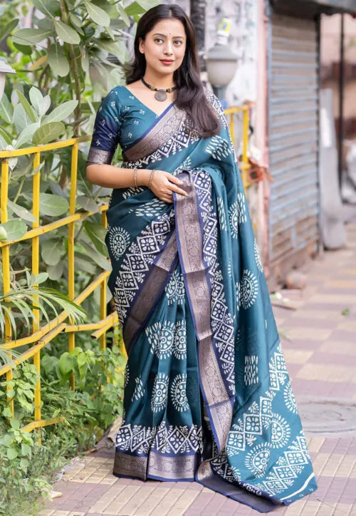 Teal Colour soft Dola cotton Kalamkari print saree with jecard kanjivaram zari border