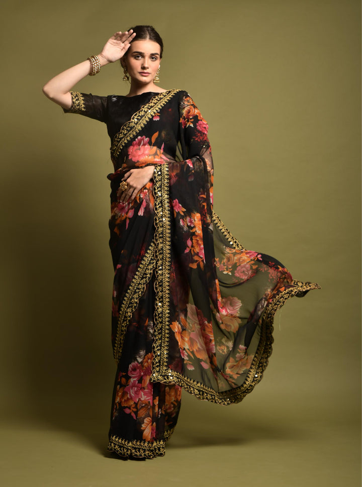 Black Color Georgette Flower Print saree With Embroidery Work And Cut Work sequin Lace Border