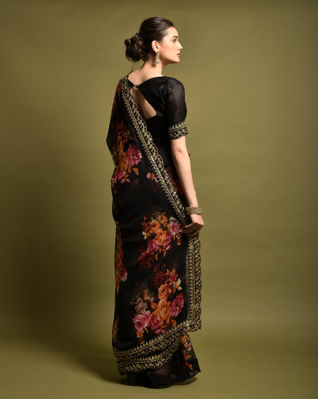 Black Color Georgette Flower Print saree With Embroidery Work And Cut Work sequin Lace Border