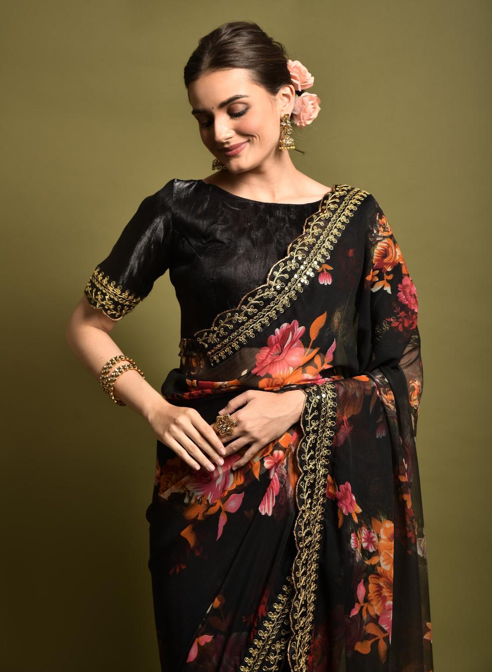 Black Color Georgette Flower Print saree With Embroidery Work And Cut Work sequin Lace Border