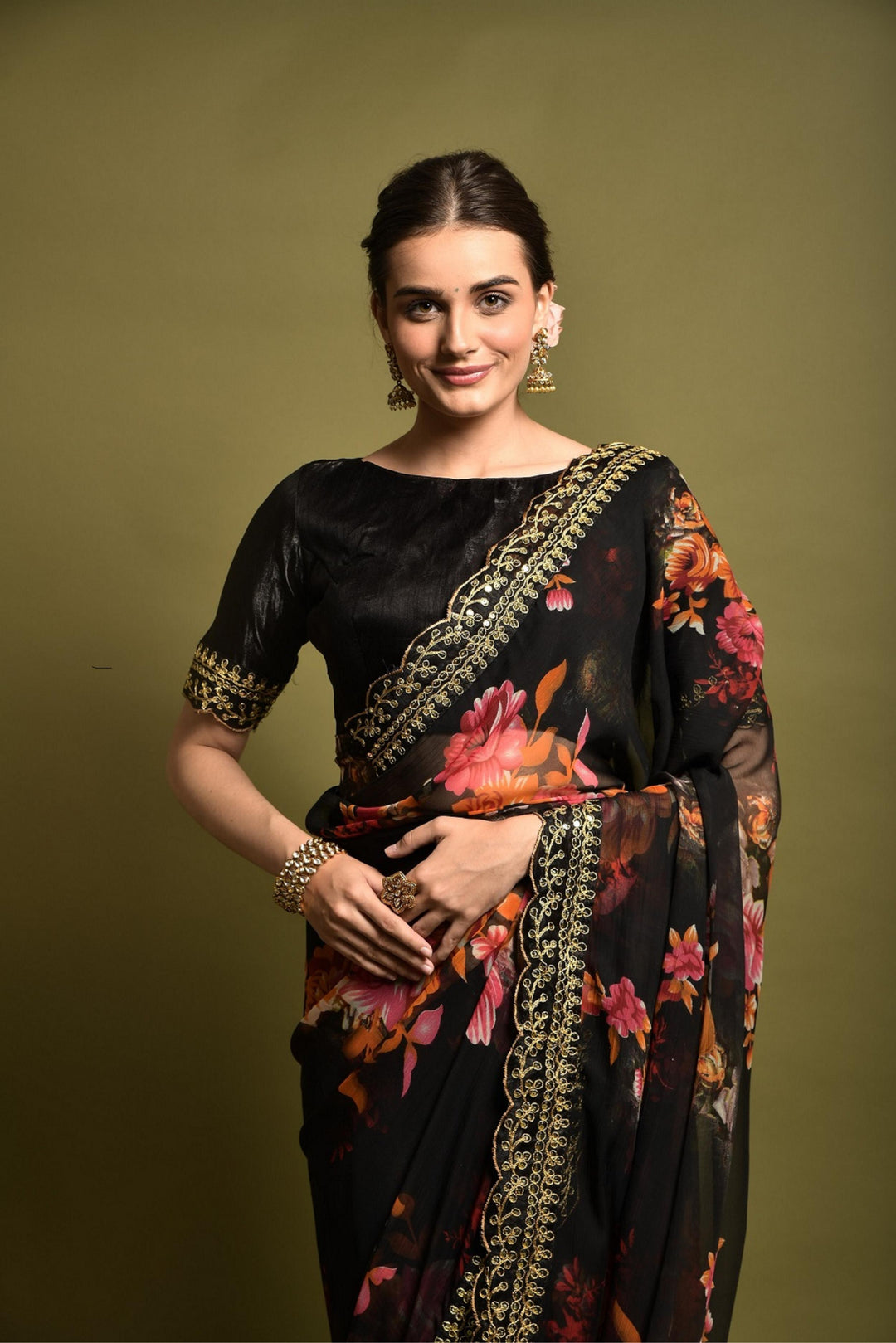 Black Color Georgette Flower Print saree With Embroidery Work And Cut Work sequin Lace Border