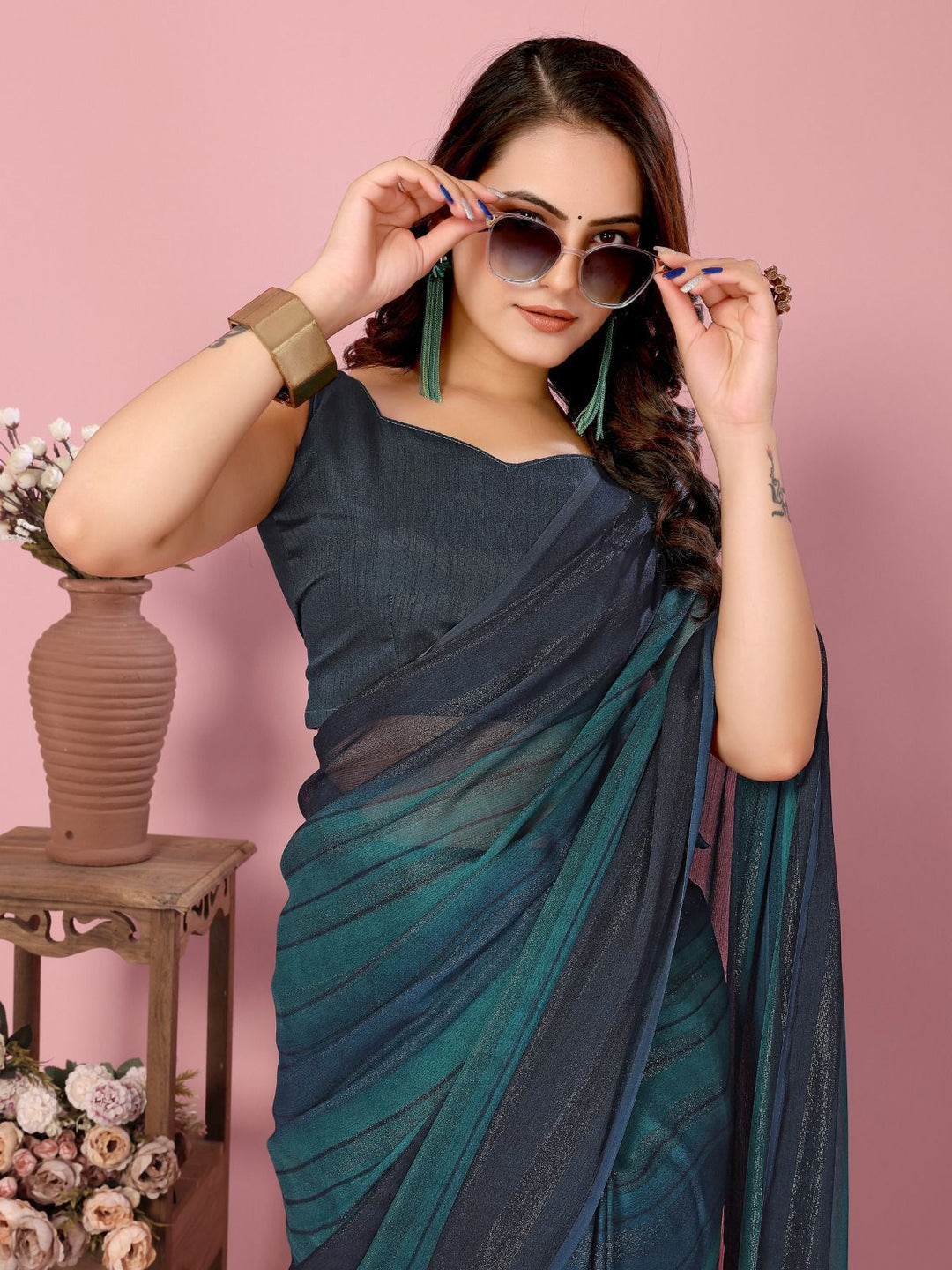 Teal Blue Color Nylone Saree With Beautiful Blouse