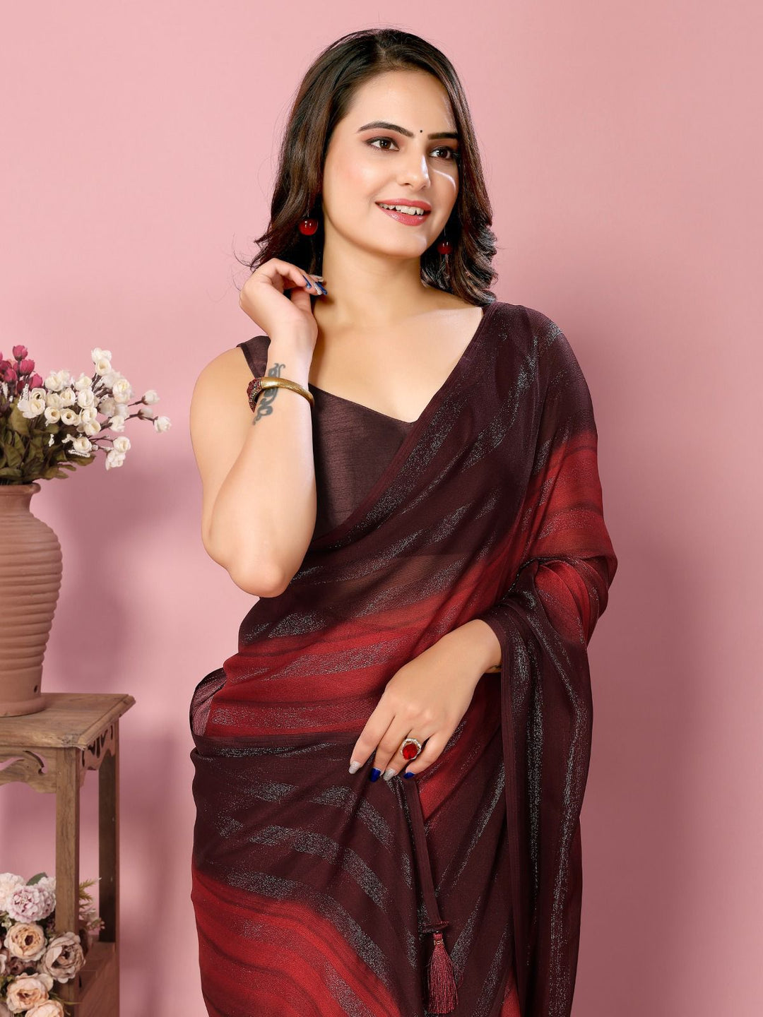 Red Color Nylone Saree With Beautiful Blouse