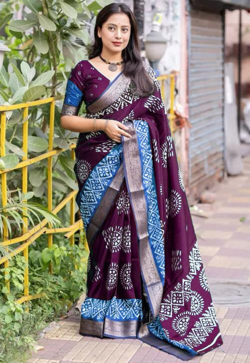 Purple Colour soft Dola cotton Kalamkari print saree with jecard kanjivaram zari border