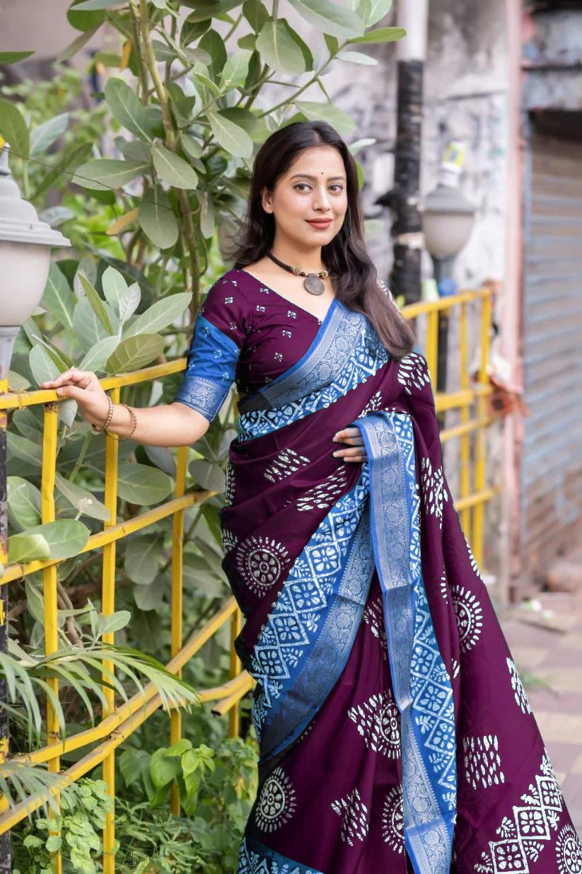 Purple Colour soft Dola cotton Kalamkari print saree with jecard kanjivaram zari border