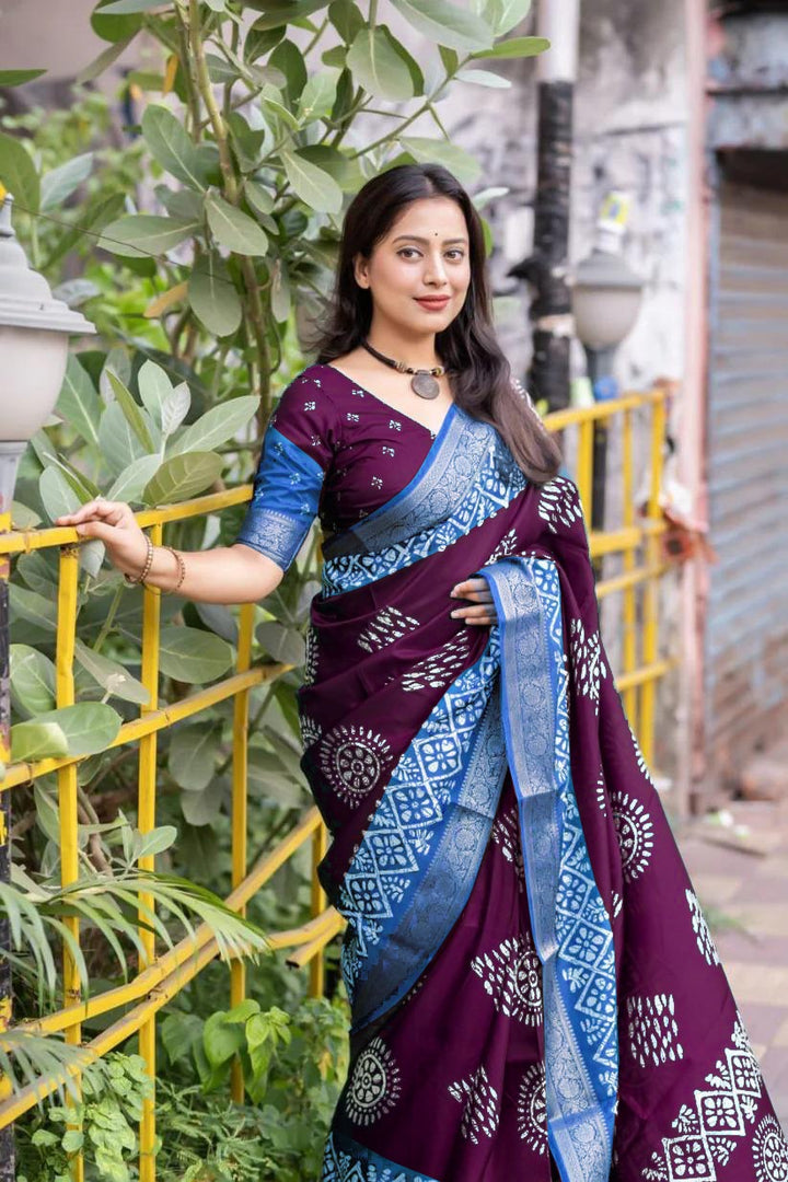 Purple Colour soft Dola cotton Kalamkari print saree with jecard kanjivaram zari border