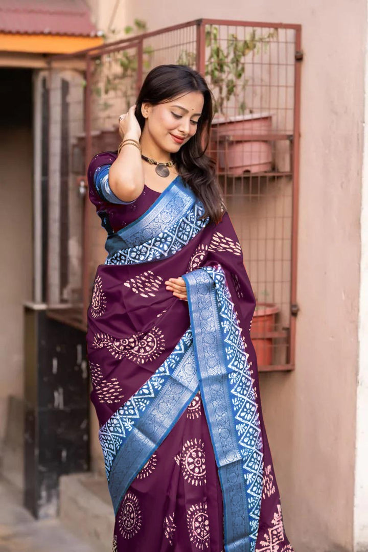 Purple Colour soft Dola cotton Kalamkari print saree with jecard kanjivaram zari border