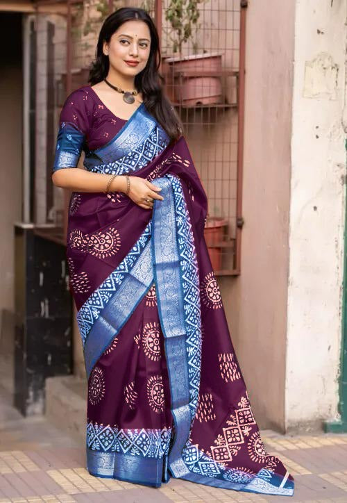 Purple Colour soft Dola cotton Kalamkari print saree with jecard kanjivaram zari border