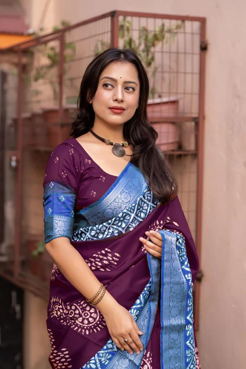 Purple Colour soft Dola cotton Kalamkari print saree with jecard kanjivaram zari border