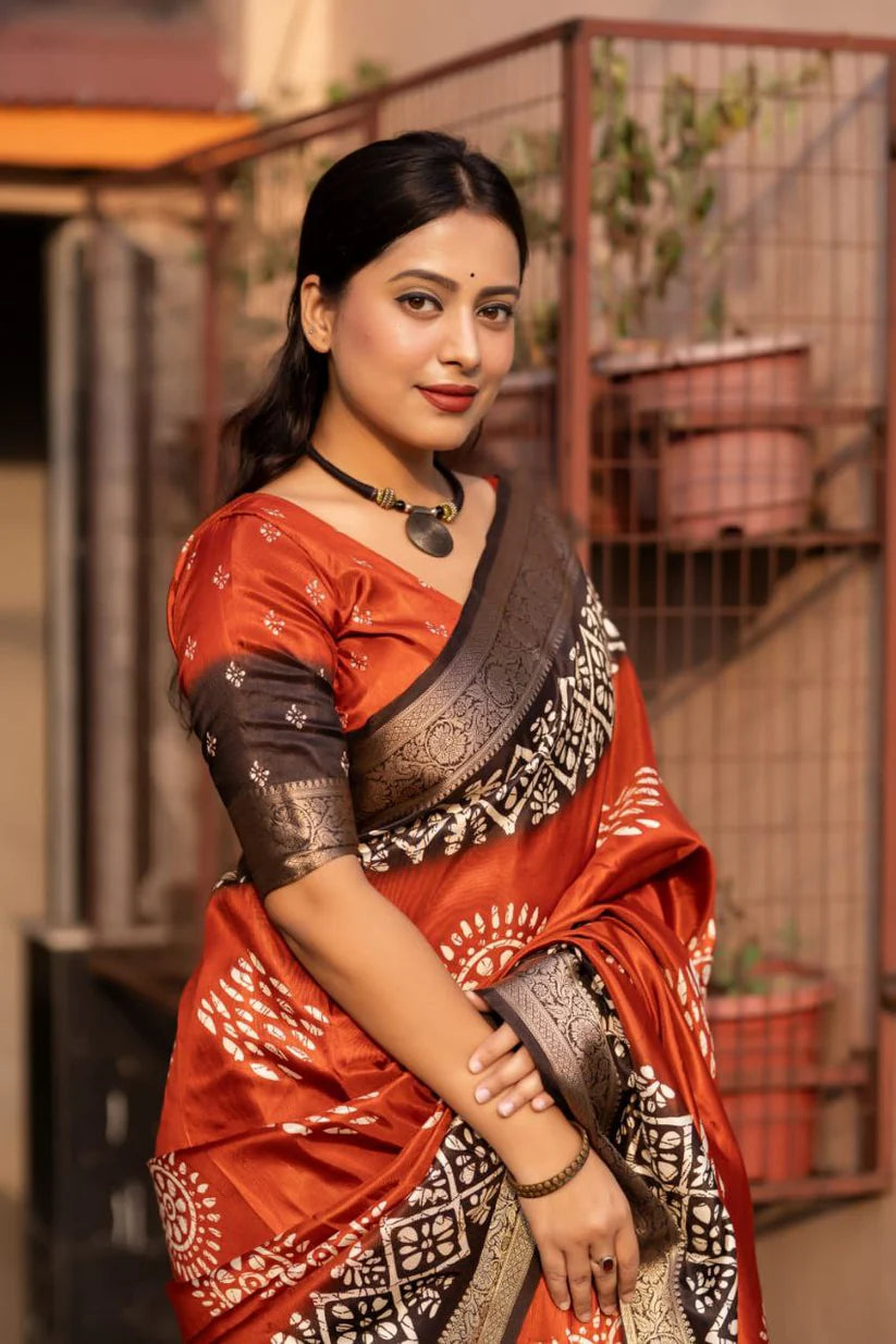 Orange Colour soft Dola cotton Kalamkari print saree with jecard kanjivaram zari border