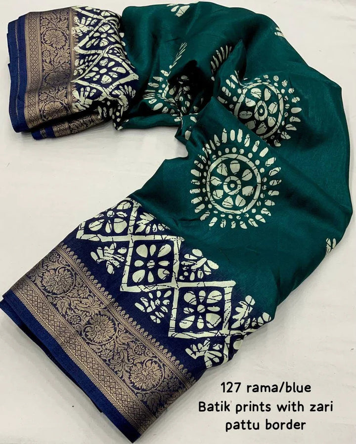 Ram Blue Colour soft Dola cotton Kalamkari print saree with jecard kanjivaram zari border