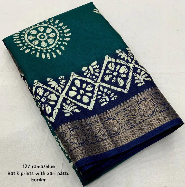 Ram Blue Colour soft Dola cotton Kalamkari print saree with jecard kanjivaram zari border