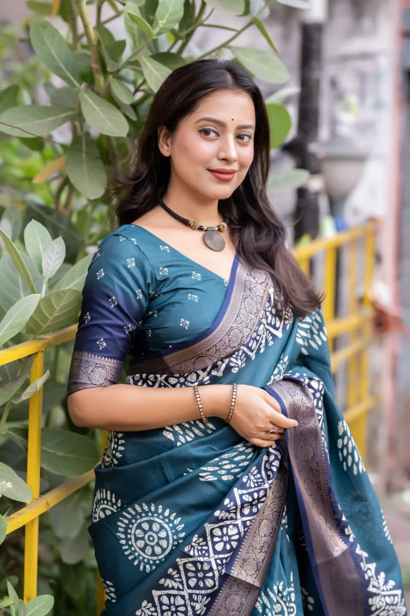 Teal Colour soft Dola cotton Kalamkari print saree with jecard kanjivaram zari border