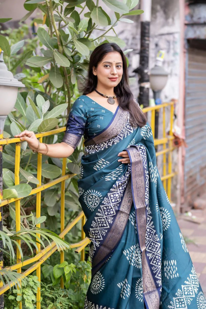 Teal Colour soft Dola cotton Kalamkari print saree with jecard kanjivaram zari border