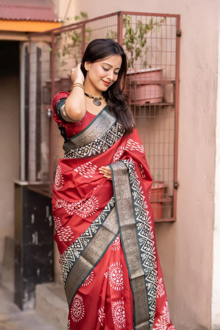 Red Colour soft Dola cotton Kalamkari print saree with jecard kanjivaram zari border