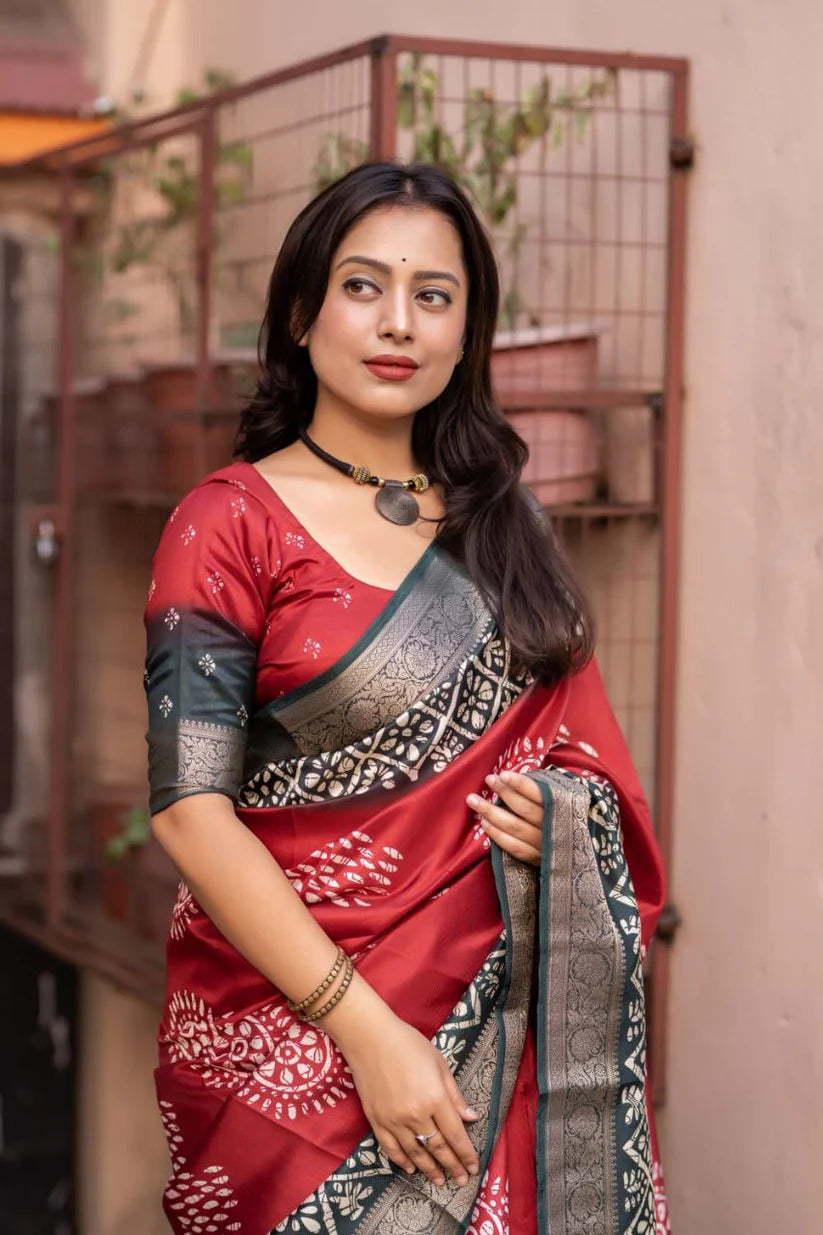 Red Colour soft Dola cotton Kalamkari print saree with jecard kanjivaram zari border
