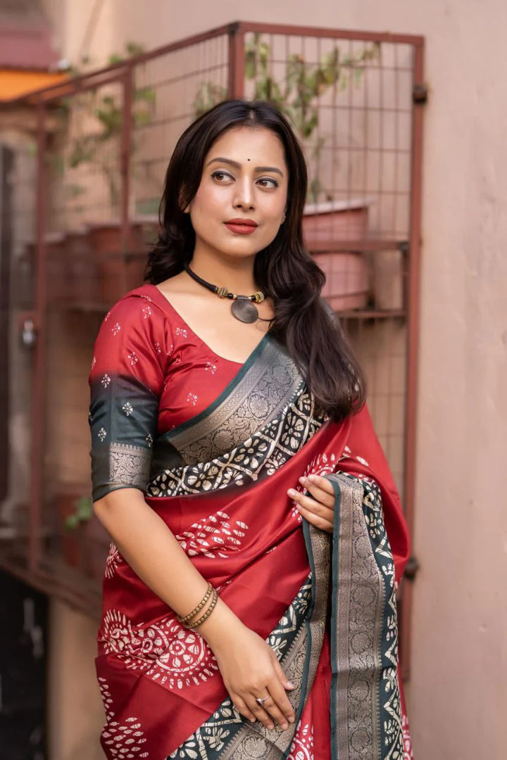 Red Colour soft Dola cotton Kalamkari print saree with jecard kanjivaram zari border
