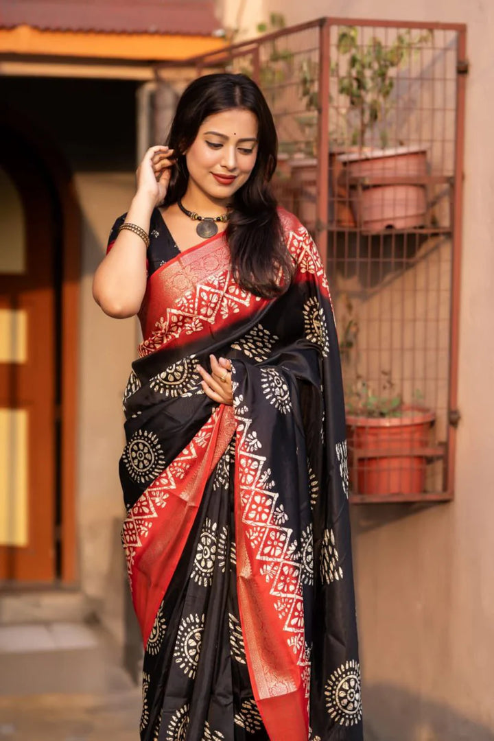 Black Colour soft Dola cotton Kalamkari print saree with jecard kanjivaram zari border