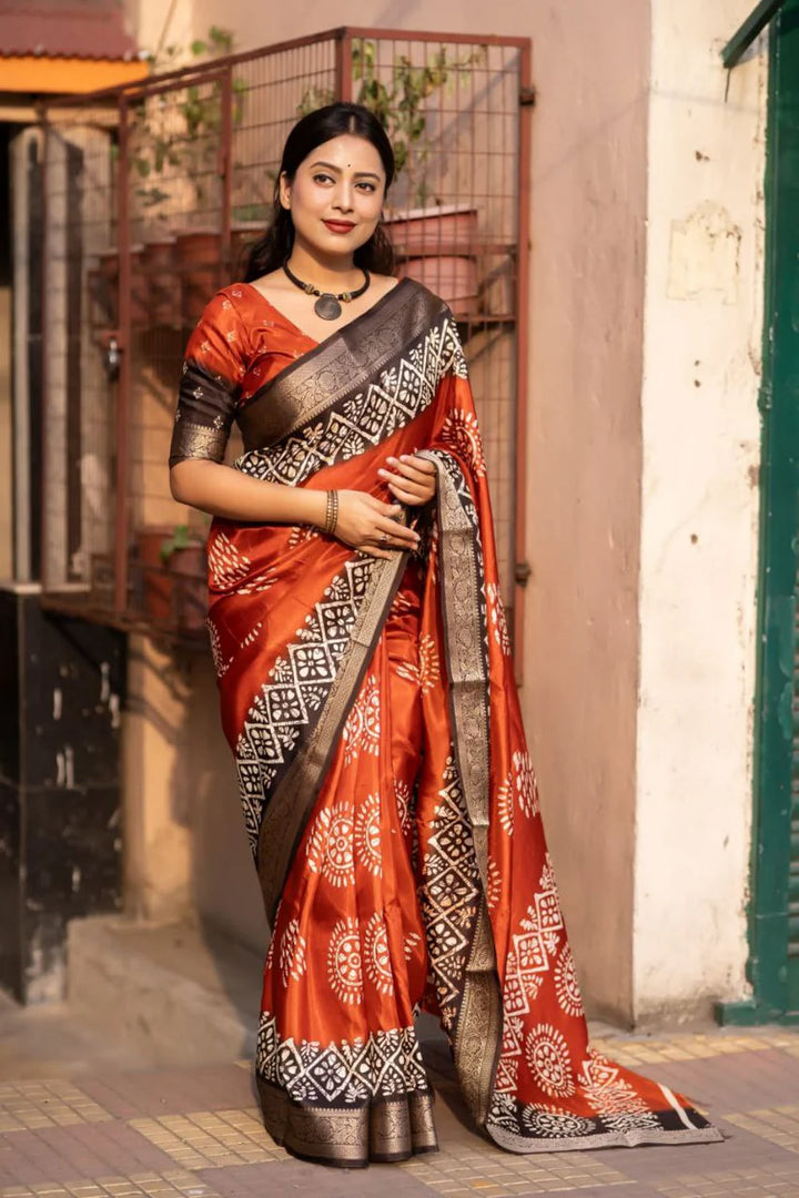 Orange Colour soft Dola cotton Kalamkari print saree with jecard kanjivaram zari border