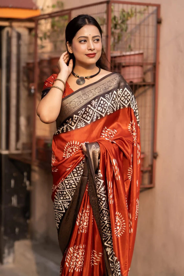 Orange Colour soft Dola cotton Kalamkari print saree with jecard kanjivaram zari border