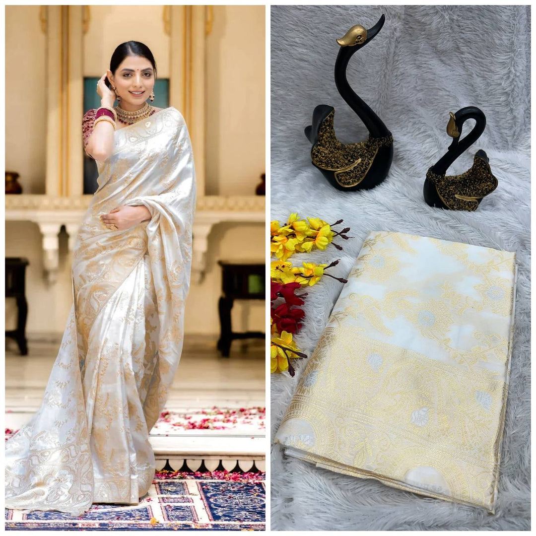 White Color Kanjivaram silk saree Jari Work With Blouse Piece